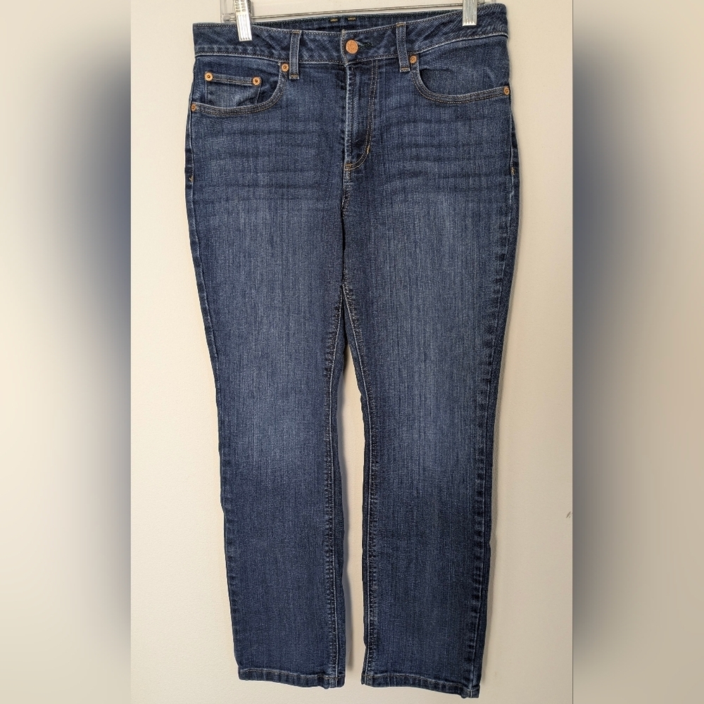 L.L Bean Women's Flex Straight Leg Favorite Fit Jeans Size 12 Petites Blue EUC - Picture 2 of 15